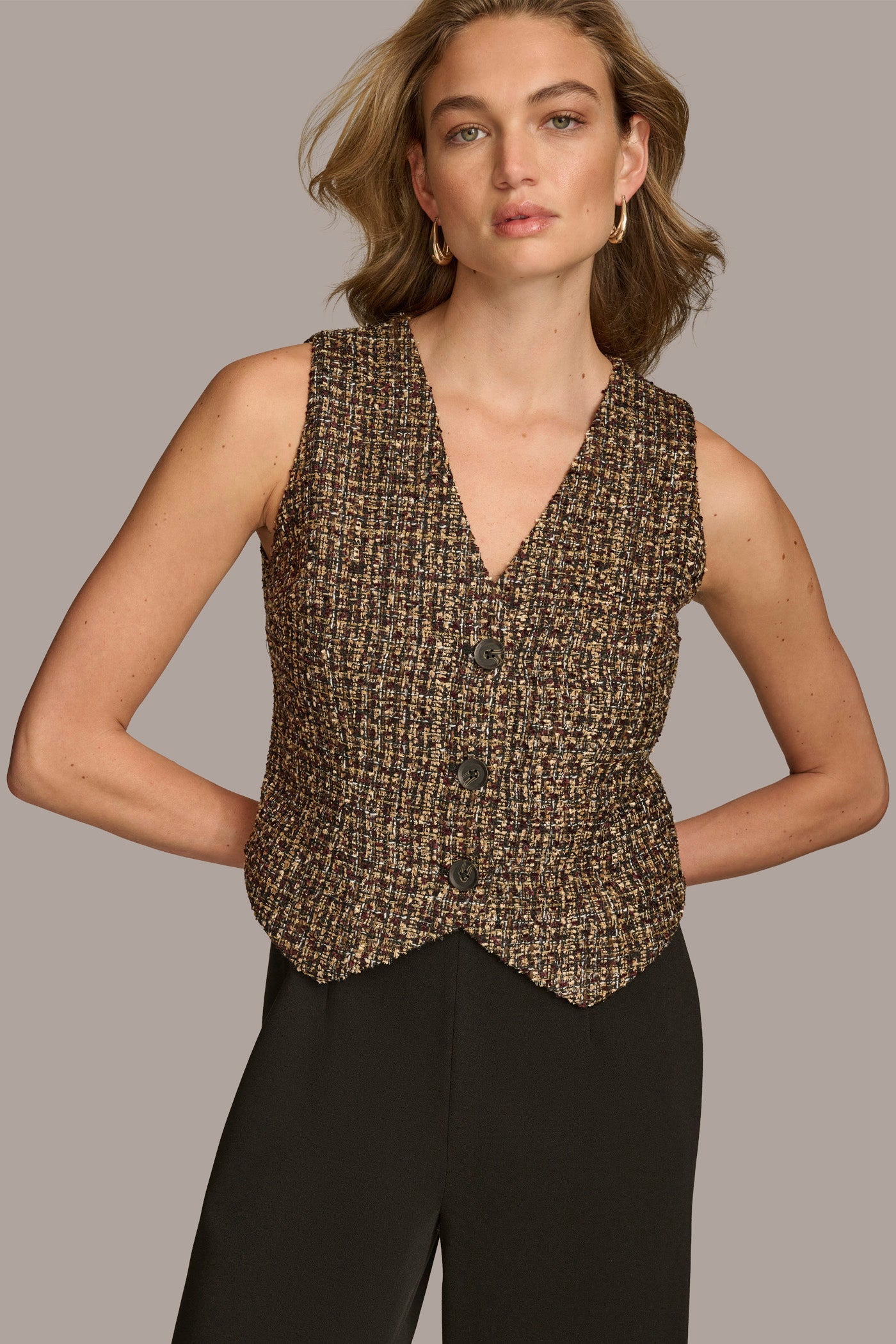 (image for) ELEGANT V NECK TWEED VEST TOP JUMPSUIT